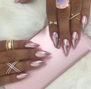 Long and Sharp Baby Pink Chrome Nails