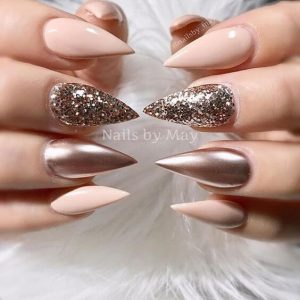 Sparkles with Gold and Creme Pointed Nails