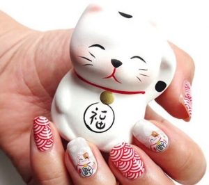 Red Acrylic Nails with Asian Kittys